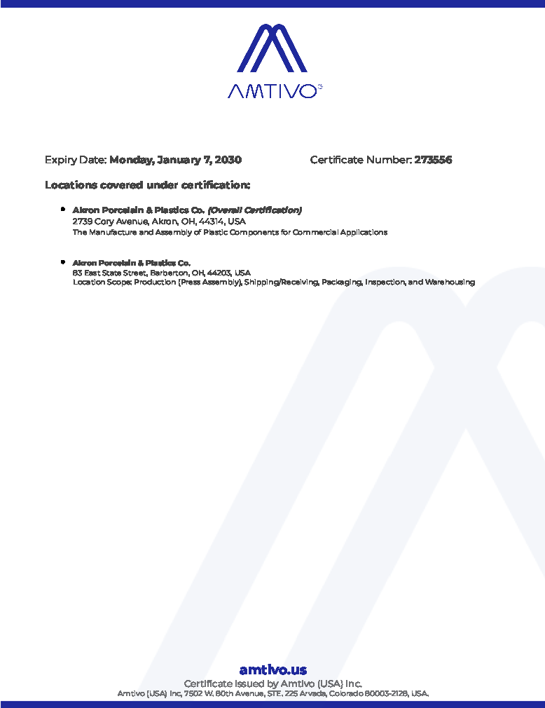 Akron Porcelain and Plastics ISO Certification